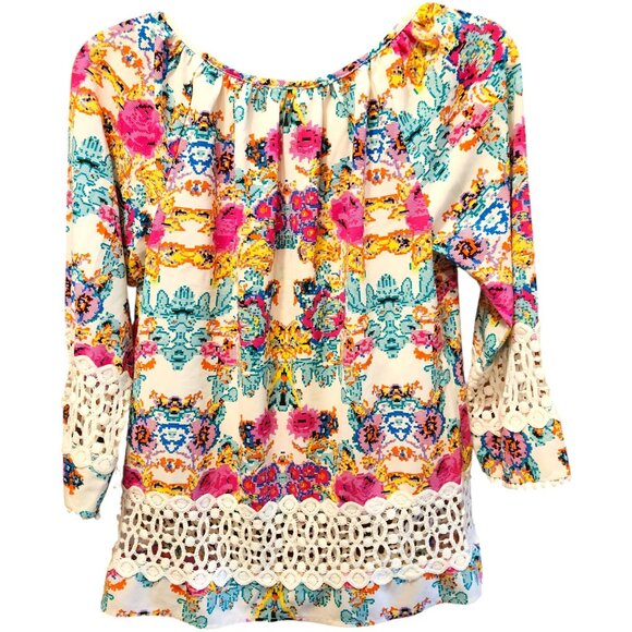 Jade Women's Bold Floral Pullover Top Crochet Accents Size XS - Picture 8 of 9
